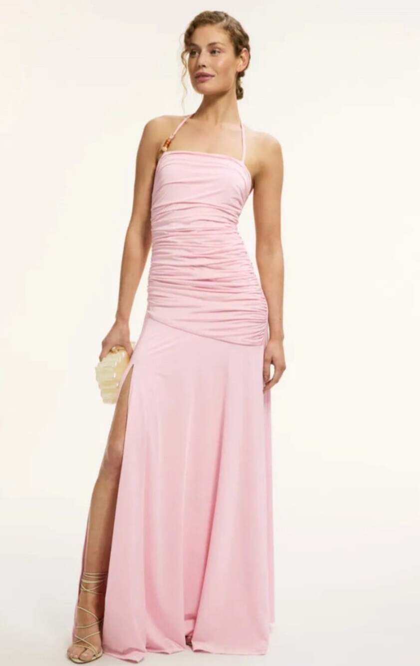 Elle Zeitoune Cole Gown Sz XS Drop Waist Halter Tie High Side Slit Pink Rouched